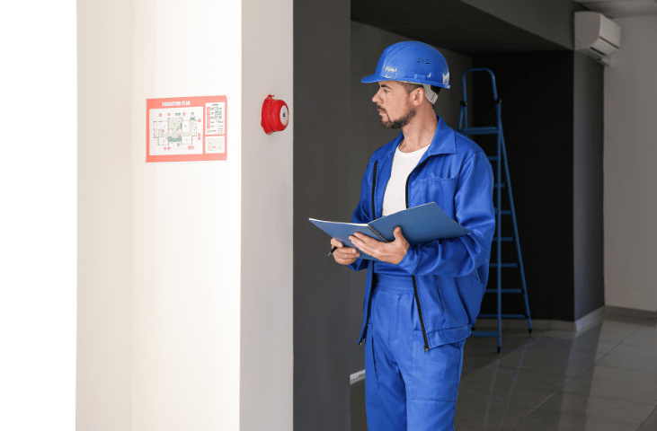 Man looking at a fire alarm.