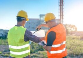 Two men in high vis vests on a building site.