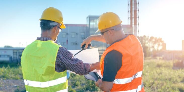 Fire on a construction site practical aspects Two men in high vis vests on a building site.