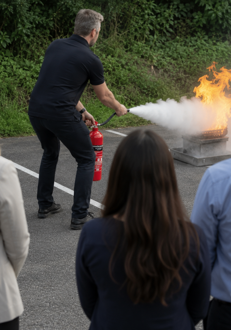 fire-demonstration Fire trainer extinguishing a controlled fire as part of training